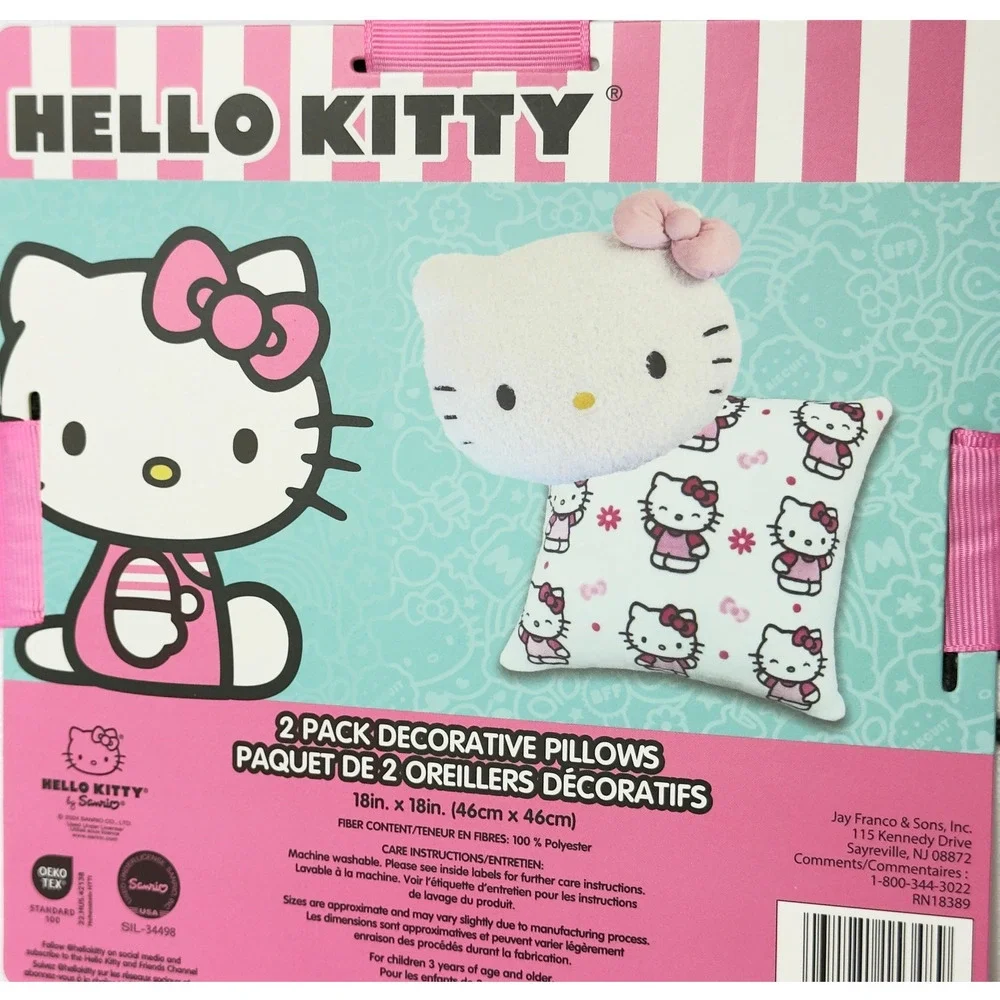 HELLO KITTY Throw Pillow SET- 2 Pack Decorative Plush Pink Bow 18x18 Kids Rm NWT